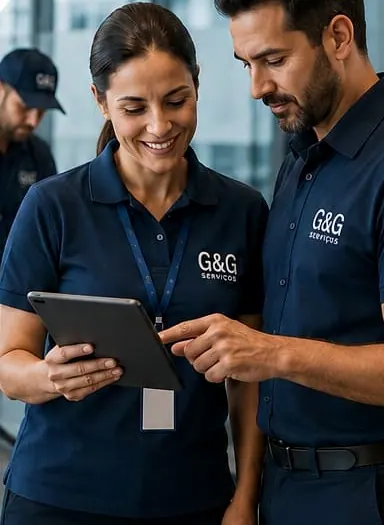 Supervisor e funcionária de uniforme G&G acompanhando a rotina num tablet