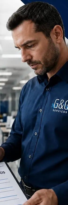 Supervisor de camisa G&G conferindo a lista de padrões e processos na prancheta