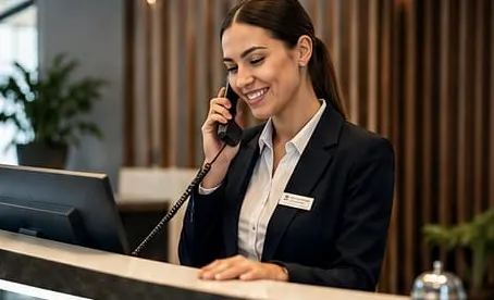 Recepcionista sorrindo ao telefone no balcão da recepção