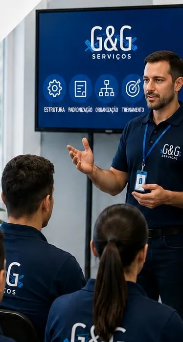 Instrutor G&G treinando a equipe uniformizada em frente a uma tela com a logo