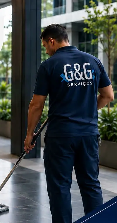 Profissional de zeladoria com uniforme G&G passando pano no saguão
